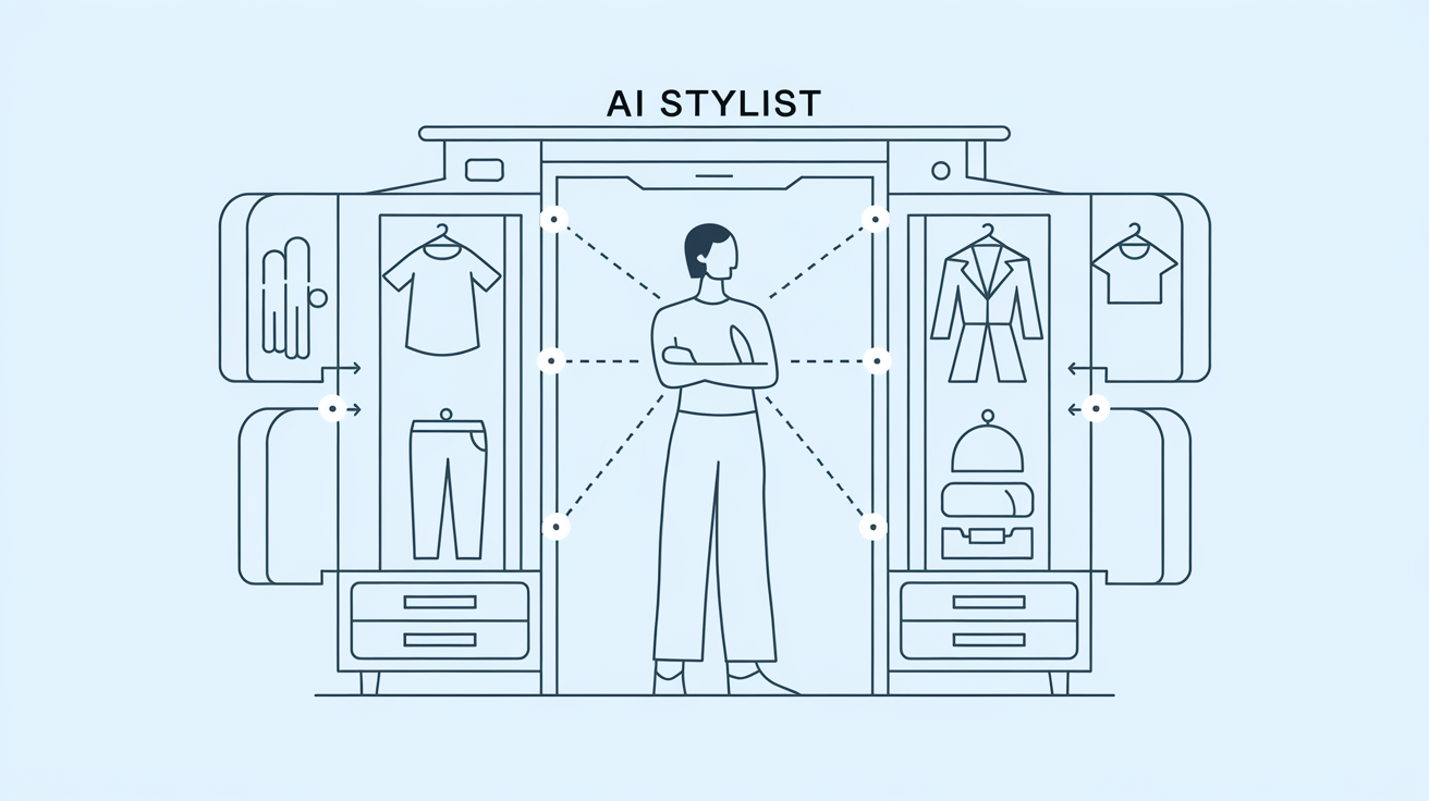 Line art of a person with a virtual wardrobe and 'AI Stylist' text