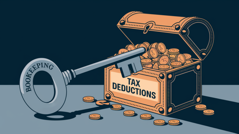 Geometric vector line art of a key labeled "Bookkeeping" unlocking a treasure chest labeled "Tax Deductions," symbolizing the unlocking of hidden savings through proper bookkeeping.