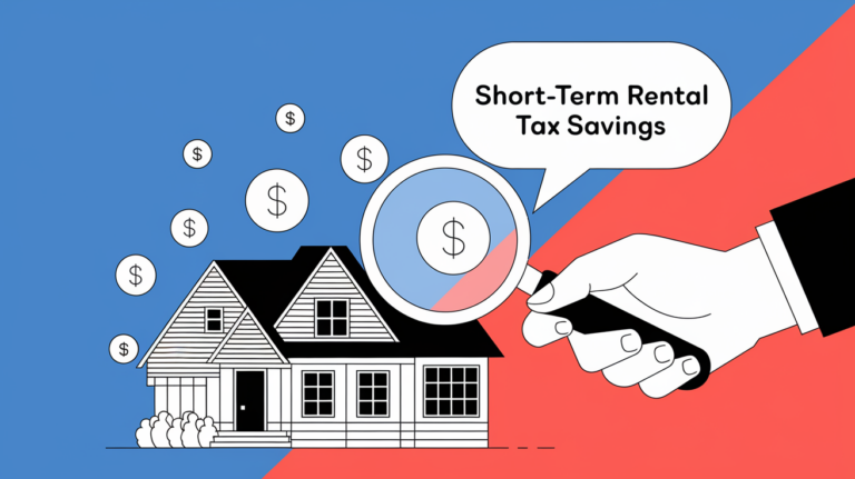 Line art graphic of a hand holding a magnifying glass over a house with dollar signs.