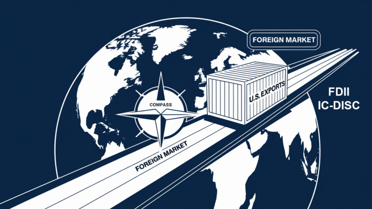 Line art globe with shipping routes and "U.S. Exports" container guided by "FDII & IC-DISC" compass.