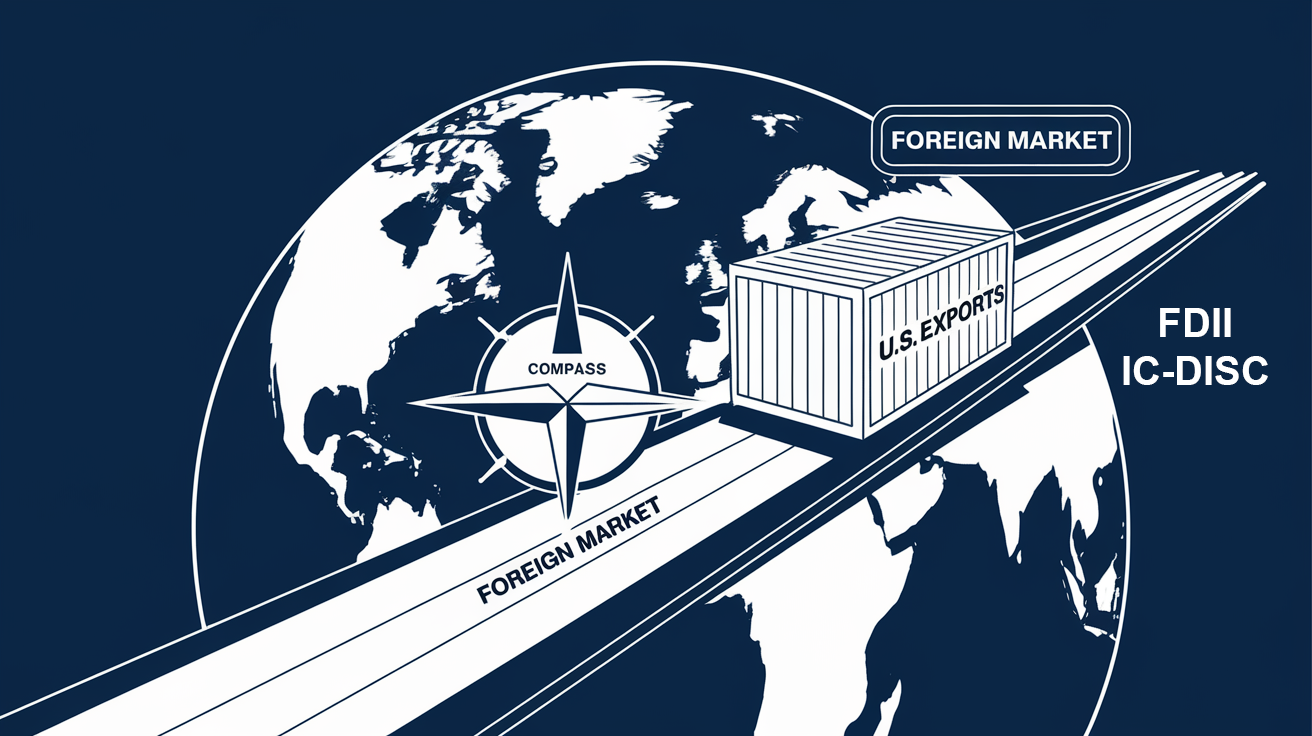 Line art globe with shipping routes and "U.S. Exports" container guided by "FDII & IC-DISC" compass.