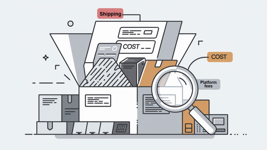 A magnifying glass inspecting the costs associated with an e-commerce shipping package