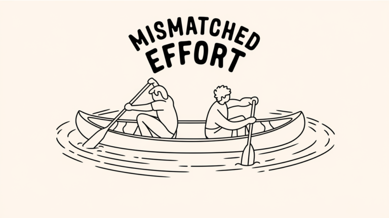 Line art drawing of two people paddling a canoe in opposite directions, going nowhere