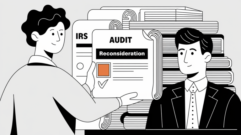 Line art of a person giving an "Audit Reconsideration" document to an IRS agent, with a stack of documents in the background.