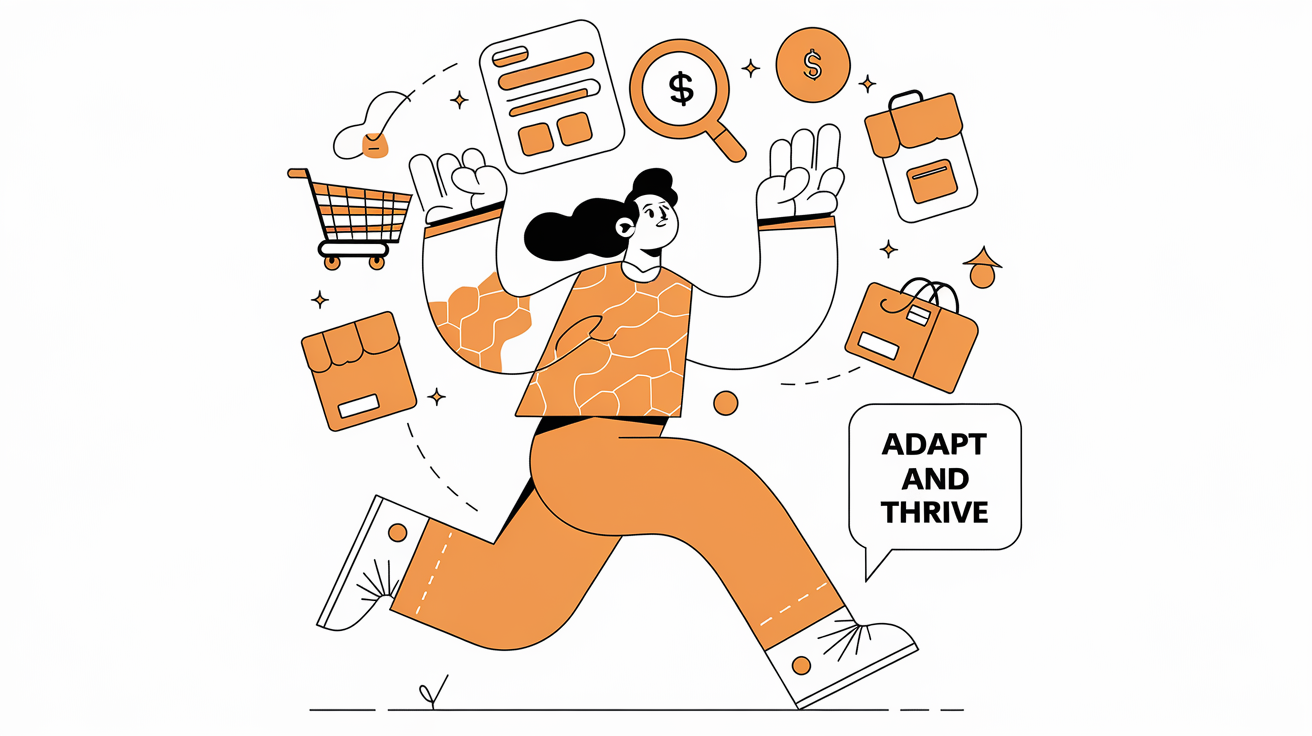 Line art of a person juggling Amazon icons with 'Adapt and Thrive' speech bubble.