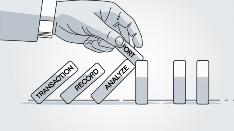 Line art drawing of dominos representing the bookkeeping process.