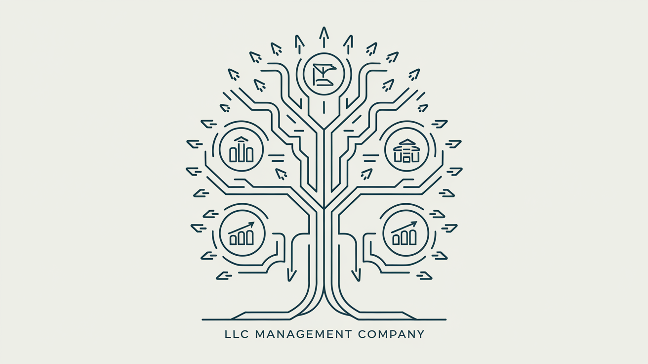 A stylized tree diagram in vector line art representing an LLC management company consolidating resources from multiple business entities.