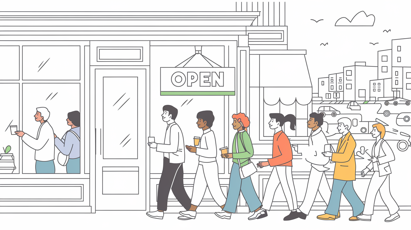 Vector line art of a busy coffee shop with customers entering.