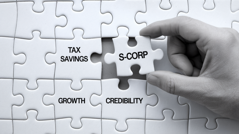 Line art puzzle with an S-Corp piece fitting into slots for tax savings, growth, and credibility