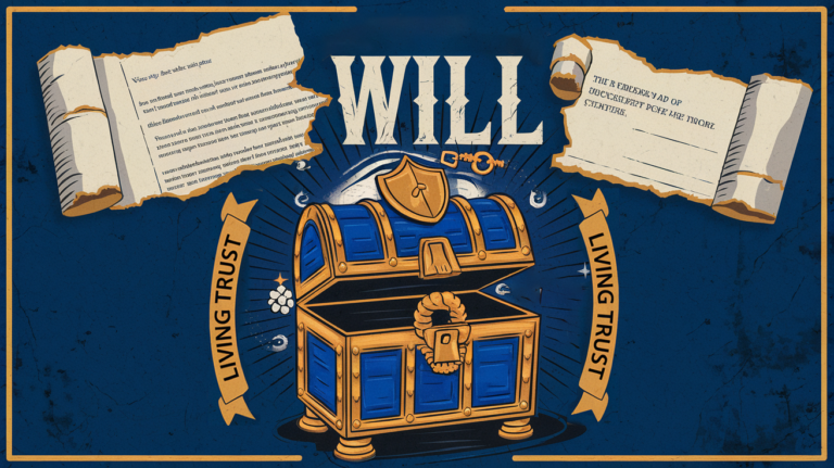 Block illustration contrasting a will and a living trust, highlighting the advantages of a trust.