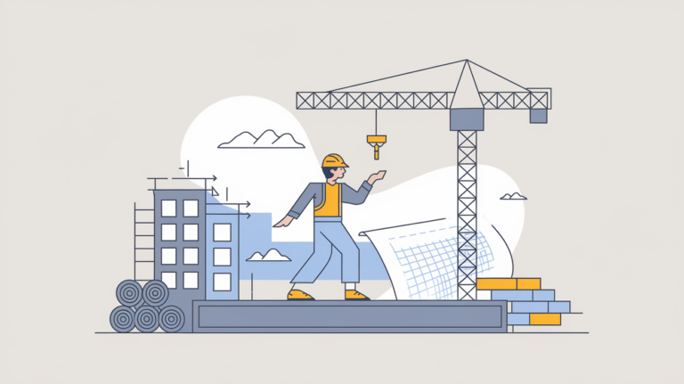 Line art of a construction worker balancing on a beam, symbolizing WIP